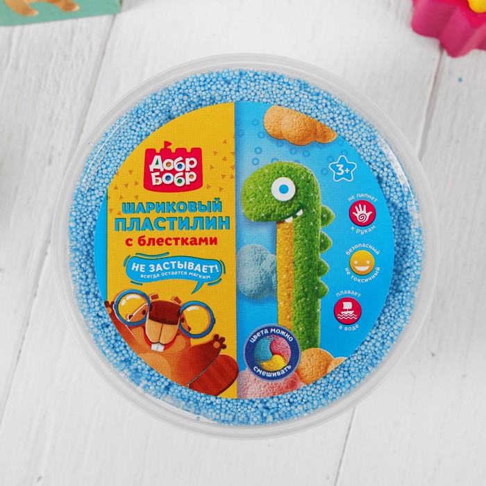 Шариковый пластилин "ДобрБобр" мелкозернистый с блёстками, 200 мл, голубой