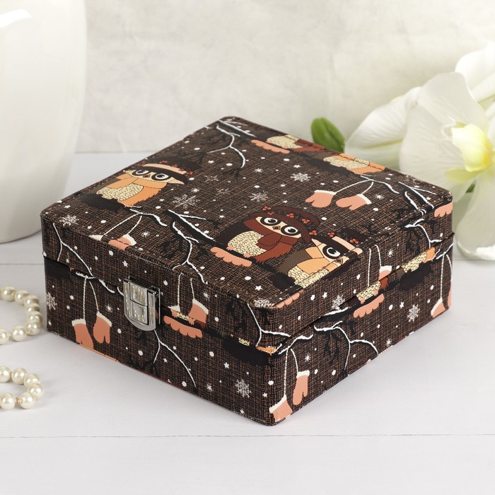 Шкатулка кожзам для украшений "Совята на веточке" квадрат МИКС 6,5х15х15 см