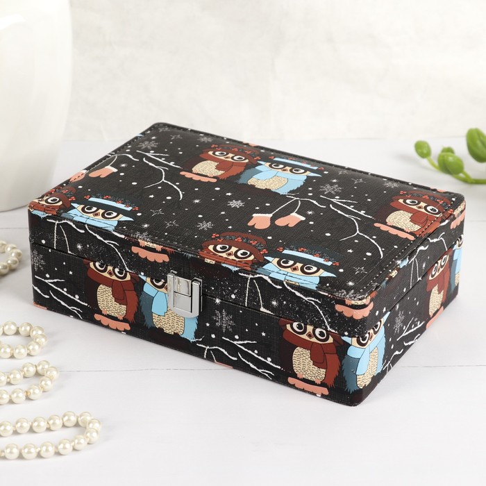 Шкатулка кожзам для украшений "Совята на веточке" МИКС 6,5х21,5х14 см