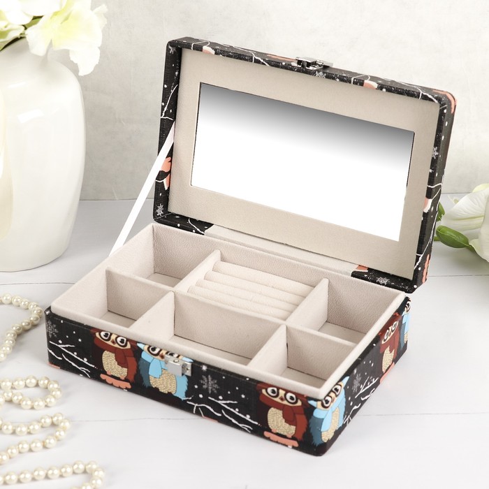 Шкатулка кожзам для украшений "Совята на веточке" МИКС 6,5х21,5х14 см