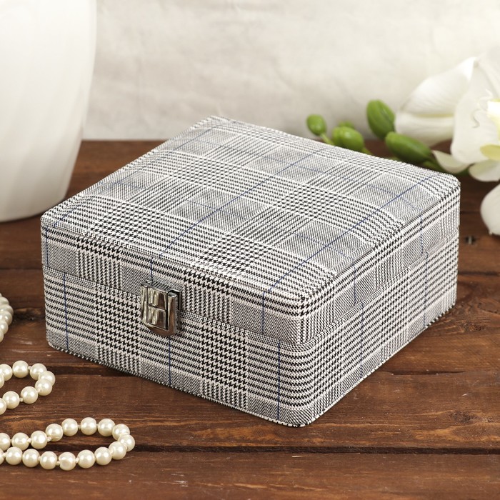 Шкатулка кожзам для украшений "Клетка с синими полосками" квадрат 6,5х15х15 см