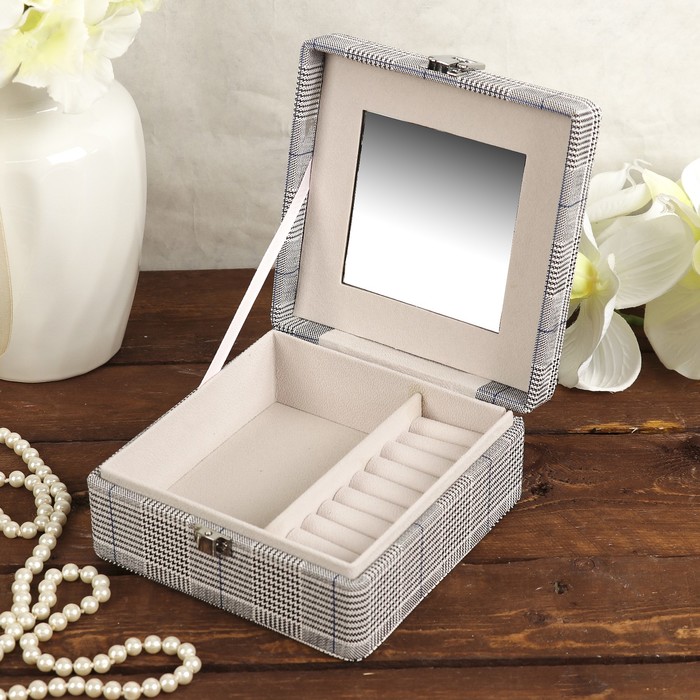 Шкатулка кожзам для украшений "Клетка с синими полосками" квадрат 6,5х15х15 см