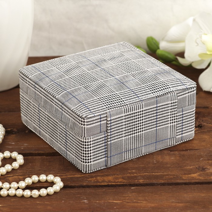 Шкатулка кожзам для украшений "Клетка с синими полосками" квадрат 6,5х15х15 см