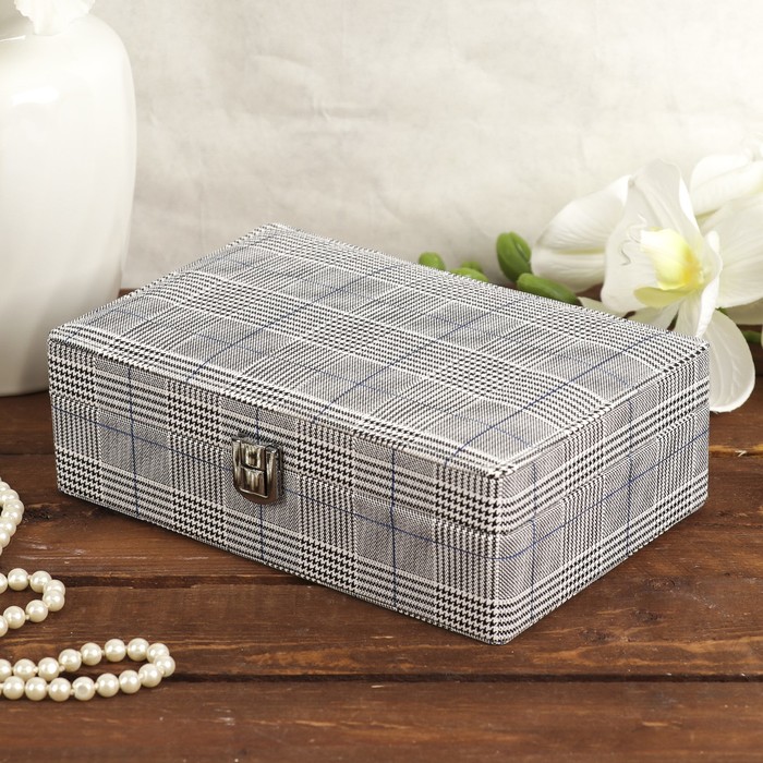 Шкатулка кожзам для украшений "Клетка с синими полосками" 6,5х21,5х14 см