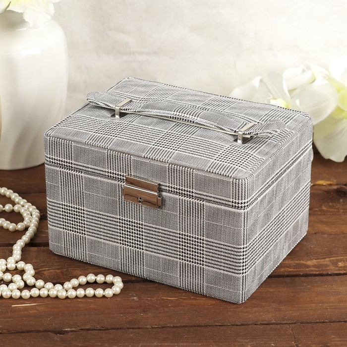 Шкатулка кожзам для украшений "Клетка с синими полосками" сундучок 12х20х15,5 см