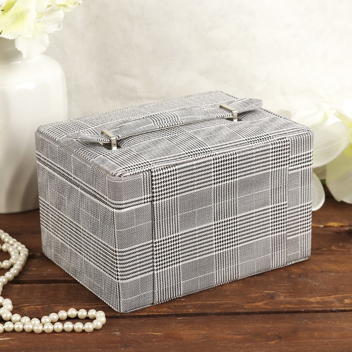 Шкатулка кожзам для украшений "Клетка с синими полосками" сундучок 12х20х15,5 см