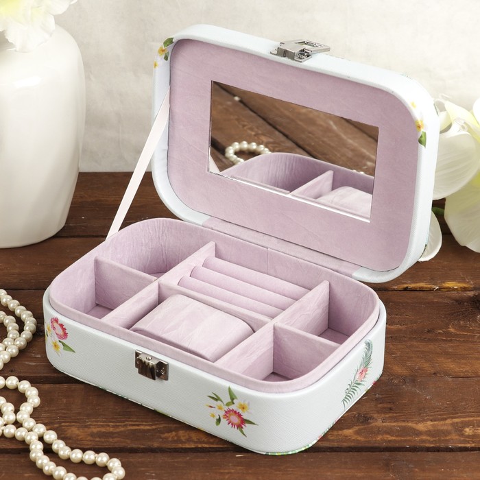 Шкатулка кожзам под часы 1 отделение и бижутерию "Фламинго в цветущих джунглях" 7х20х14 см