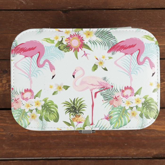Шкатулка кожзам под часы 1 отделение и бижутерию "Фламинго в цветущих джунглях" 7х20х14 см