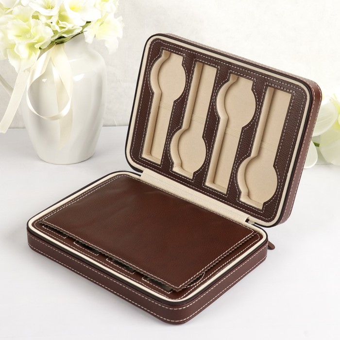 Шкатулка кожзам под часы 8 отделений "Белая строчка на коричневом" 6х24х18 см