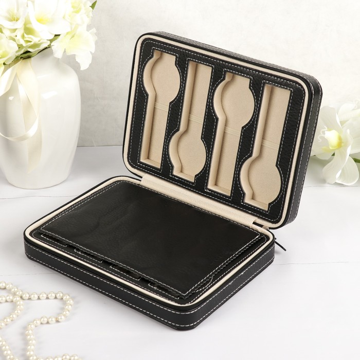 Шкатулка кожзам под часы 8 отделений "Белая строчка на чёрном" 6х24х18 см