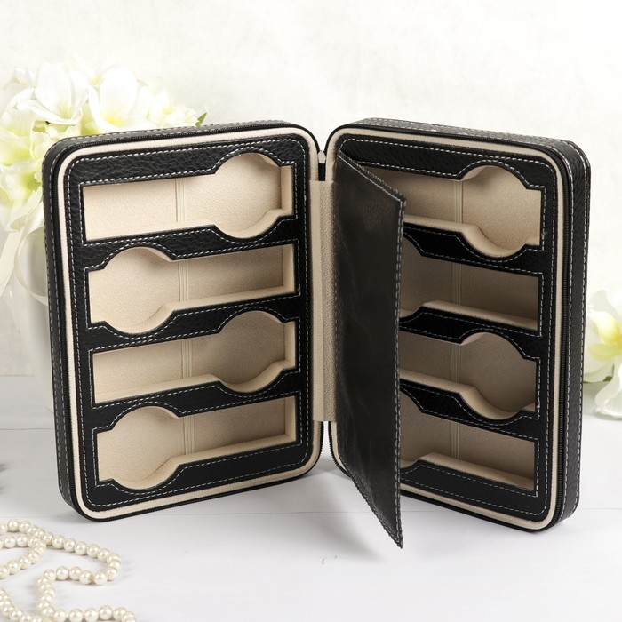 Шкатулка кожзам под часы 8 отделений "Белая строчка на чёрном" 6х24х18 см