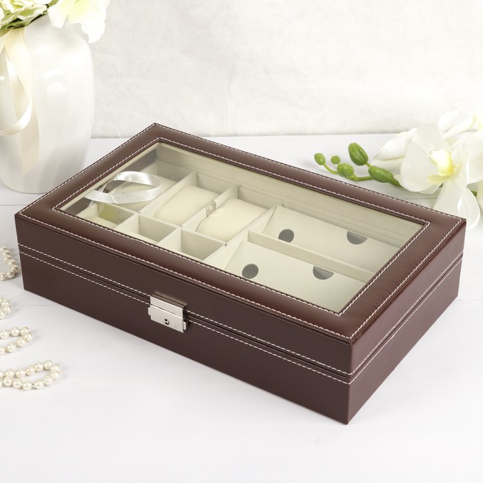Шкатулка кожзам под часы 6 отдел. и очки 3 отдел. "Белая строчка на коричневом" 8х33х20,3см