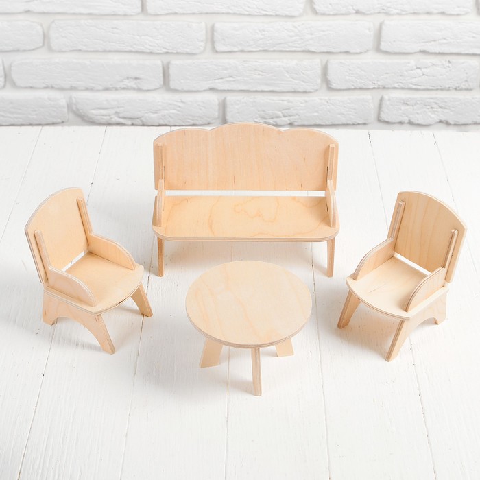 Мебель деревянная для кукол "Гостиная" (2 кресла, стол, диван)