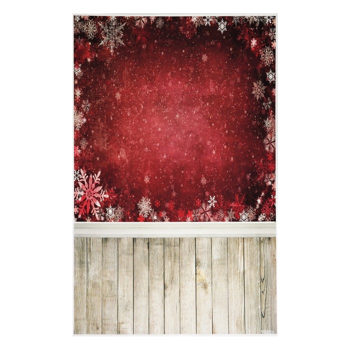 Фотофон винил "Снежинки на красном и светлые доски" стена+пол 125х80 см