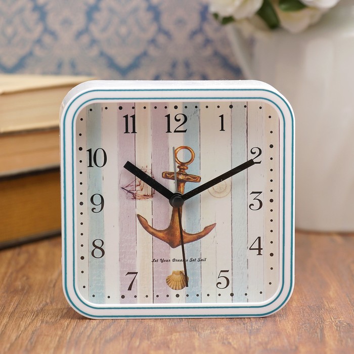 Будильник квадрат, углы скруглённые, двойная кайма, 1 АА, микс циферблатов, 4.2*12 см