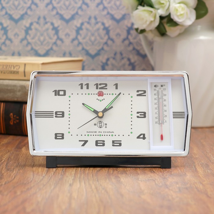 Будильник механический, термометр, дискретный ход, металл, хромированный, 7х8х10.5 см