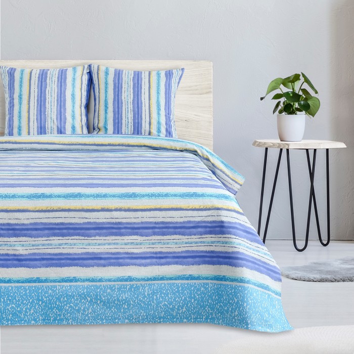 Постельное бельё "Этель" 2 сп. Синие полоски 175х215, 200х220, 70х70 - 2 шт, поплин 125 г/м2 + подарок - полотенце микс