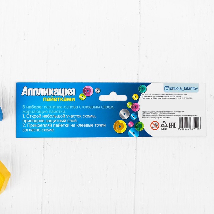 Аппликация пайетками "Вперед!" 21*29,7 с клеевым слоем + 6 цветов пайеток