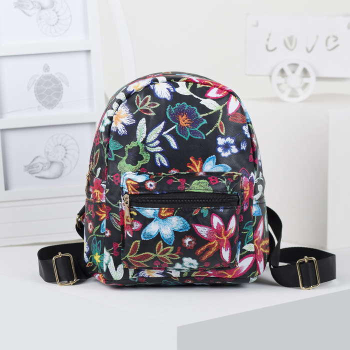 Рюкзак детский "Цветочки", отдел на молнии, наружный карман, 2 боковых кармана, цвет чёрный
