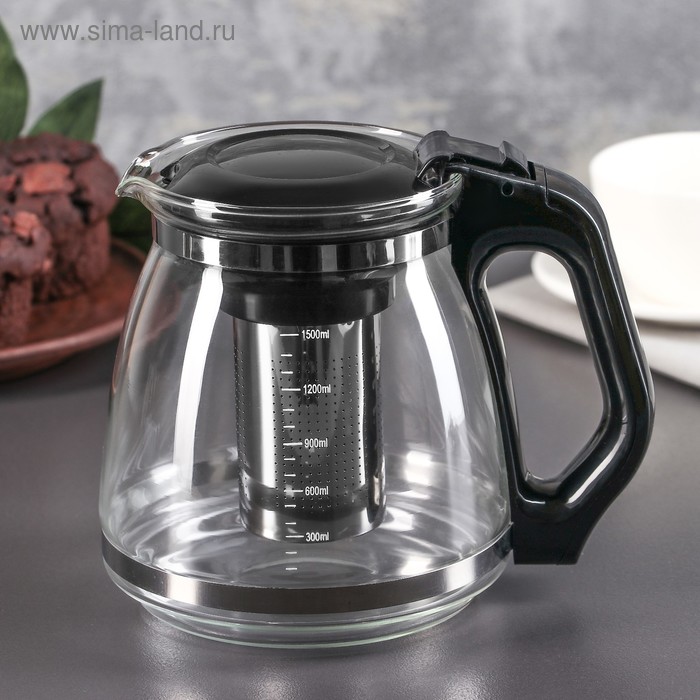 чайник стеклянный заварочный иллюзия 1 6 л с металлическим ситом цвет чёрный Чайник стеклянный заварочный «Иллюзия», 1,5 л, с металлическим ситом, цвет чёрный
