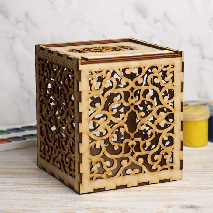 Шкатулка для декора в восточном стиле "С выдвижной крышкой" из фанеры 13,5х15,5х13,5 см