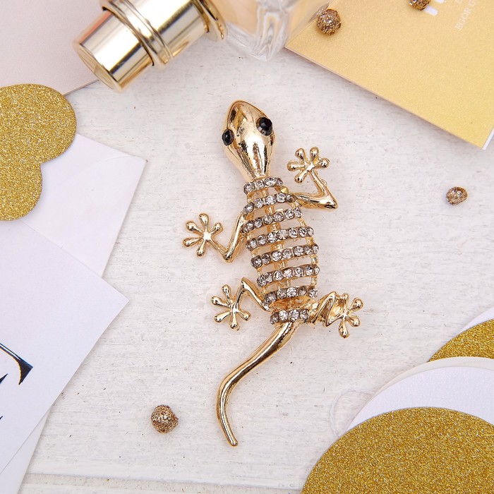 Брошь "Ящерица" геккон, цвет серый в золоте