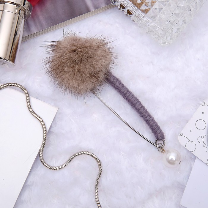 Булавка "Пушистик" с жемчужинкой, 10см, цвет серый