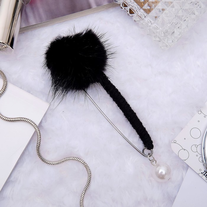 Булавка "Пушистик" с жемчужинкой, 10см,  цвет черный