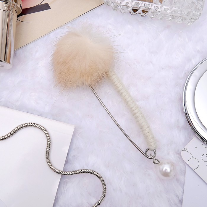 Булавка "Пушистик" с жемчужинкой, 10см,  цвет бежевый