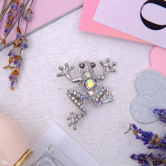 Брошь "Лягушонок", цвет  радужный в серебре