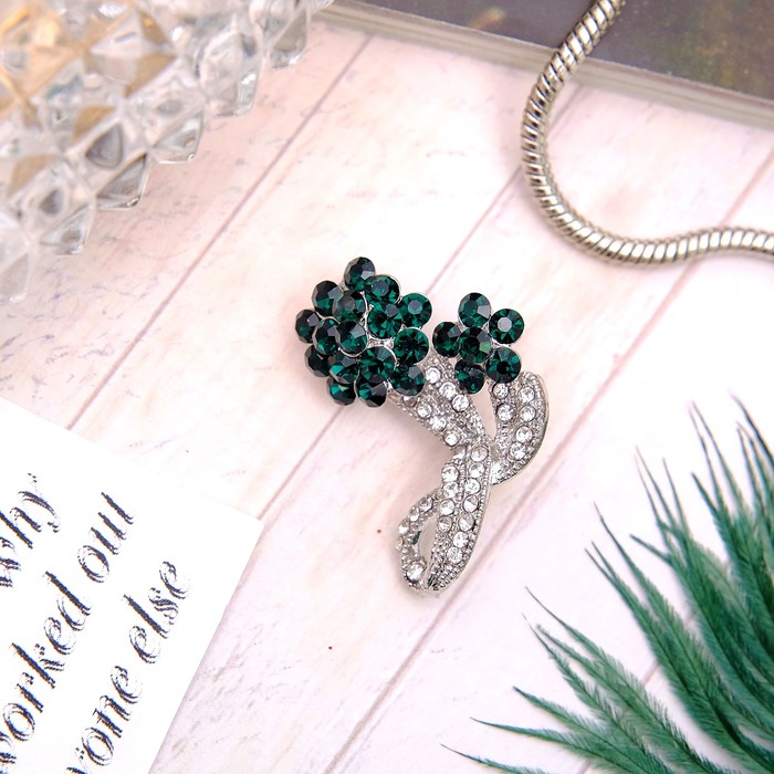 Брошь "Цветы" георгины, цвет бело-изумрудный в серебре