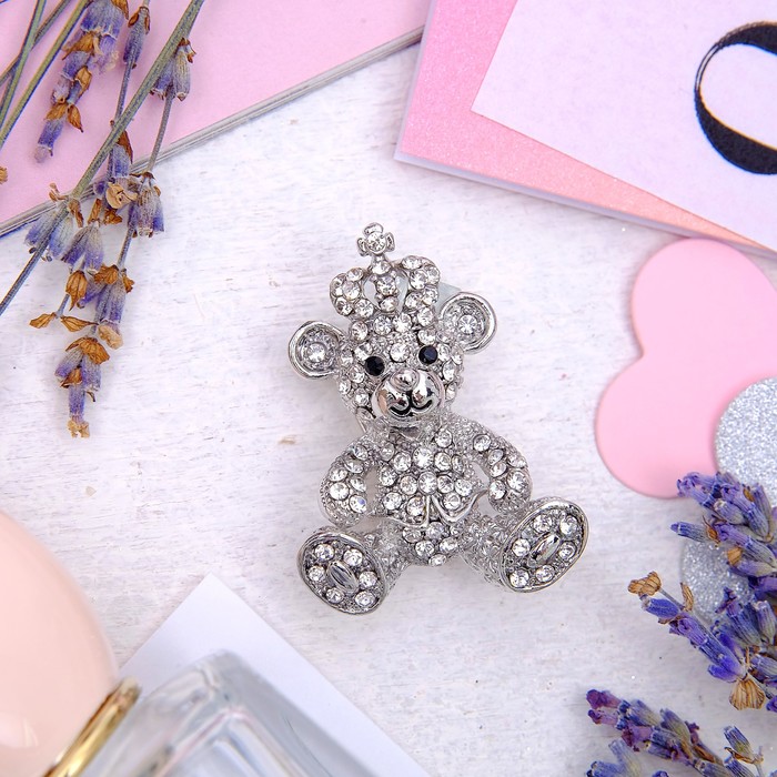 Брошь "Мишка" роял, цвет белый в серебре