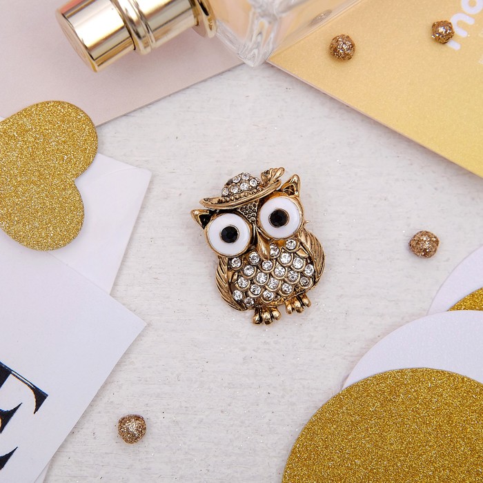 Брошь "Филин ученый", цвет черно-белый в золоте