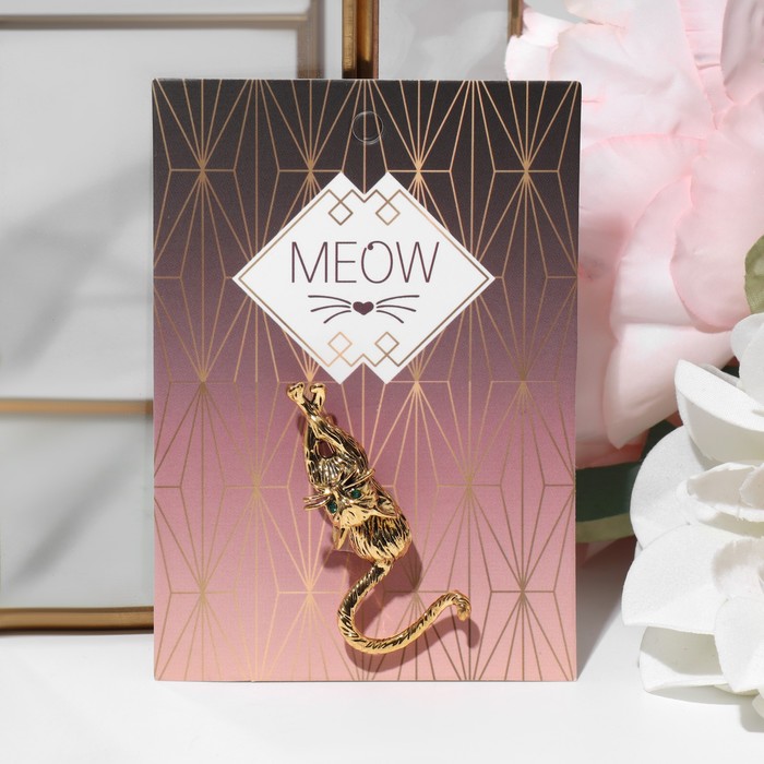 Брошь "Кошка грациозная", цвет зеленый в черненом золоте