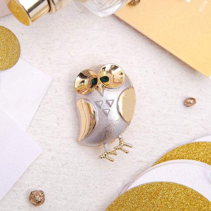 Брошь "Сова" удивленная, цвет зеленый в золоте