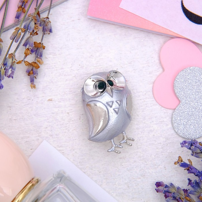 Брошь "Сова" удивленная, цвет зеленый в серебре