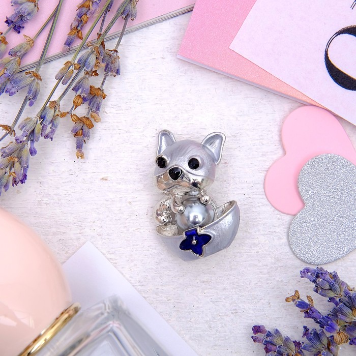 Брошь "Бульдог", цвет синий в серебре