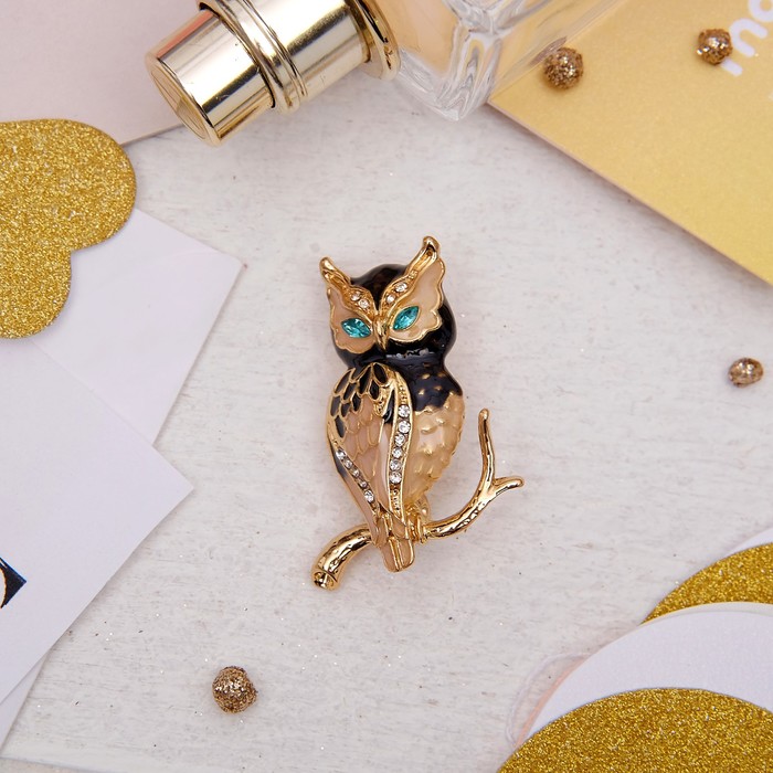 Брошь "Филин" темный, цвет черно-бежевый в золоте