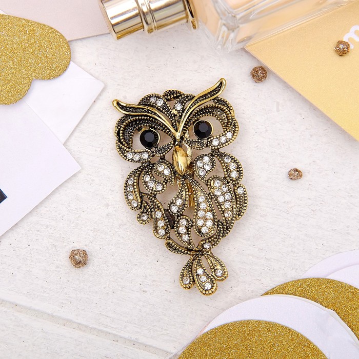 Брошь "Филин" величественный, цвет белый в черненом золоте
