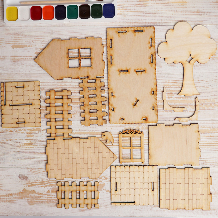 Копилка для декора "Домик с забором" из фанеры 19х15х9,5 см (набор 13 деталей)