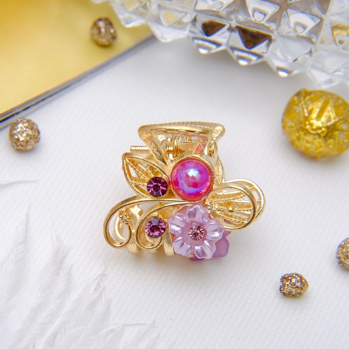 Краб для волос "Кружева", 2,5 см, букет с жемчужиной золото, микс