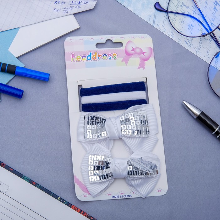 Набор для волос "Лаура" 5 шт ( 3 резинки, 2 невидимки) бантики пайетки белые