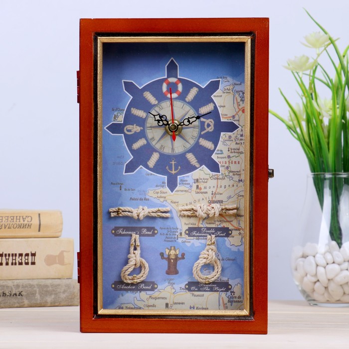 Ключница дерево 4 крючка с часами "Корабль, морские узлы и карта" золотая полоса 25х15х6см