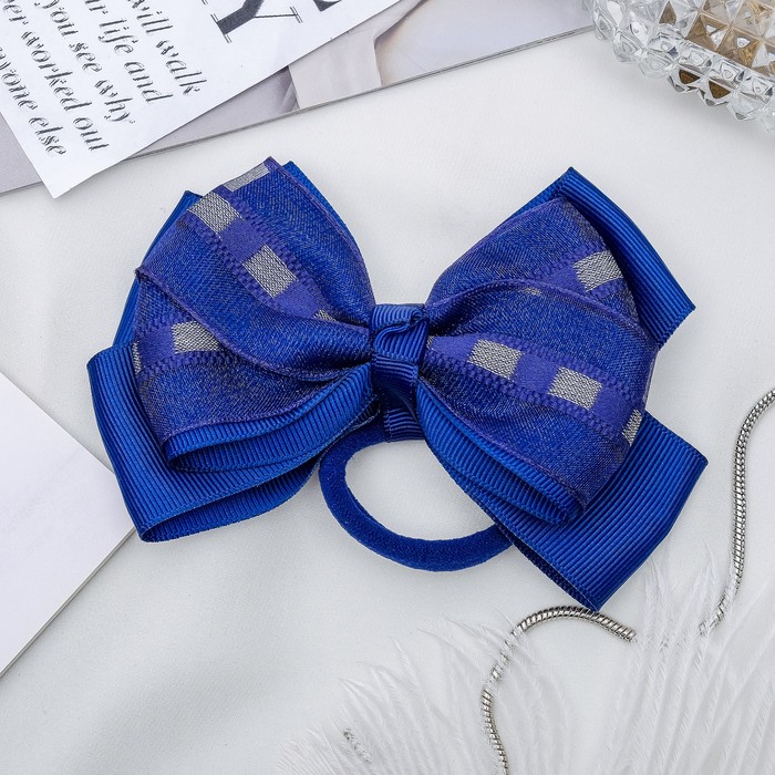 Резинка для волос бант "Школьница" 12 см, пунктир, синий