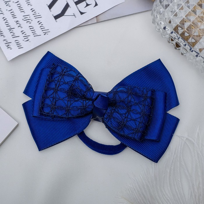 Резинка для волос бант "Школьница" 12 см, кружева, синий