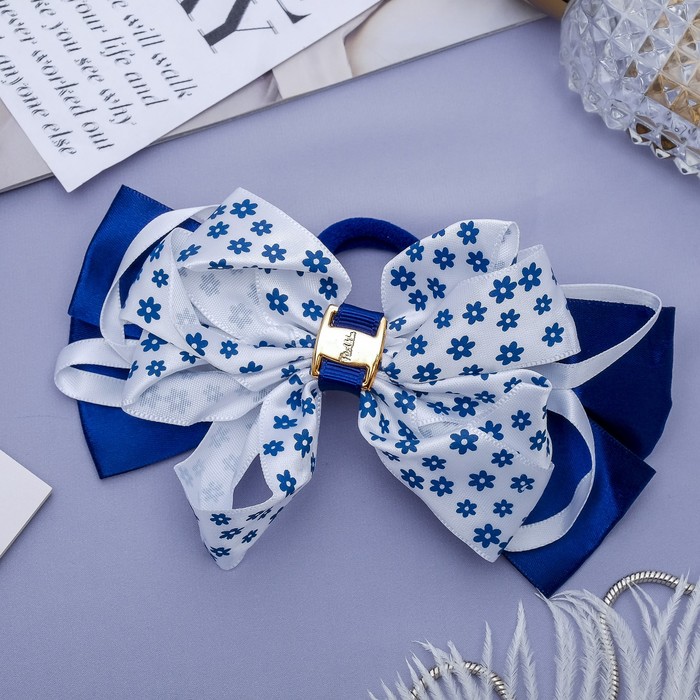 Резинка для волос бант "Школьница" 12,5 см, цветочки, бело-синий