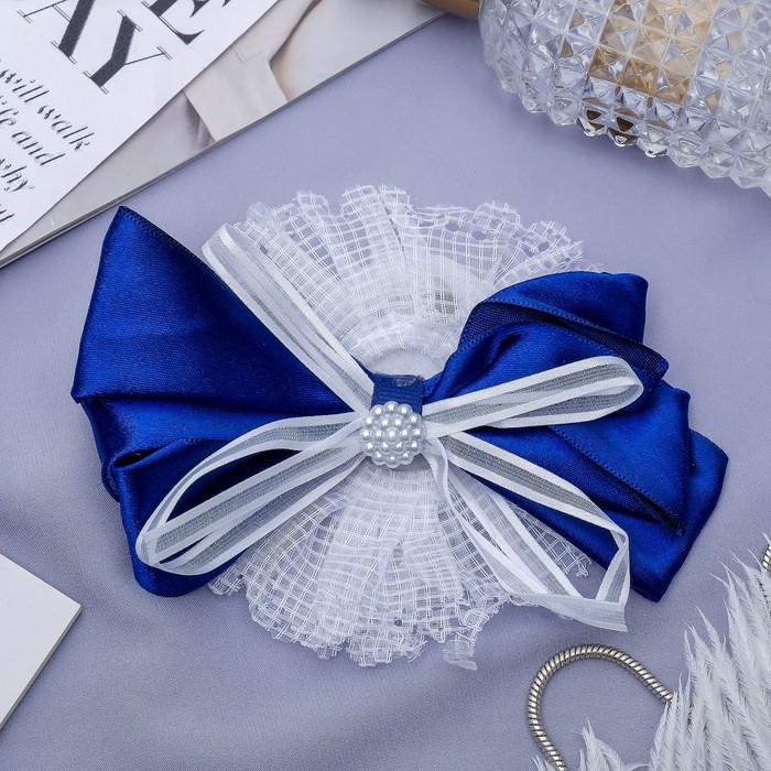 Резинка для волос бант "Школьница" 12 см, ленты и жемчужины, бело-синий