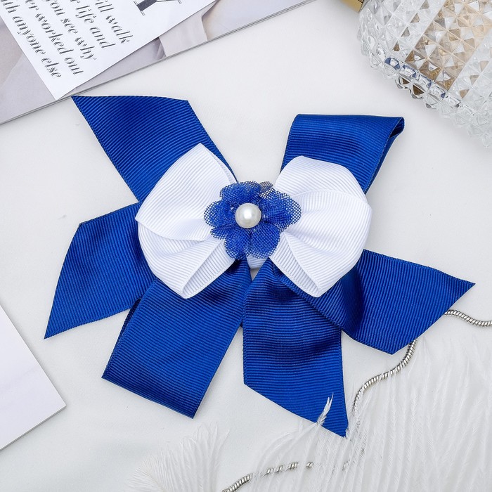 Резинка для волос бант "Школьница" 13,5 см, фатин и жемчужина, бело-синий