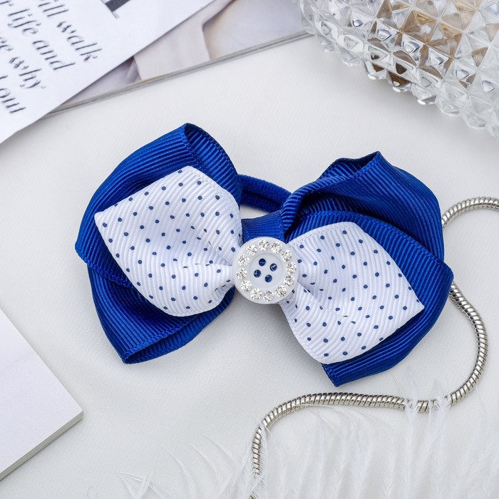 Резинка для волос бант "Школьница" 9 см, пуговка, бело-синий