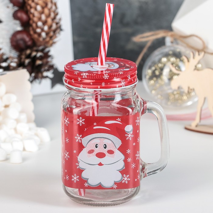 Банка 350 мл "Новый год" с ручкой, крышкой и трубочкой, рисунок МИКС